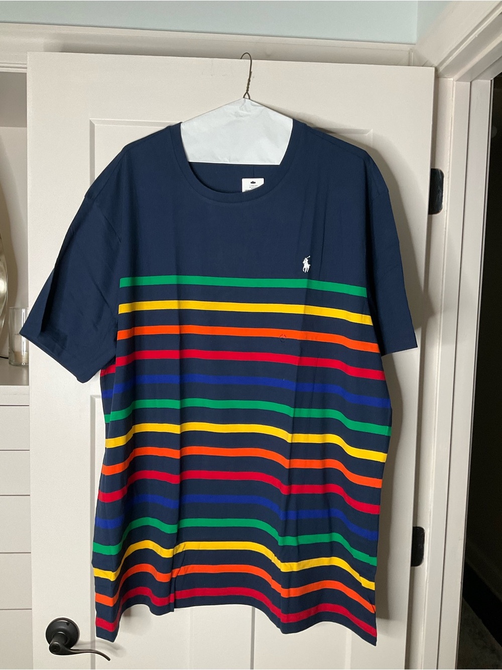Polo by Ralph Lauren Navy Short Sleeve Stripe Tee with Green, Yellow & Orange